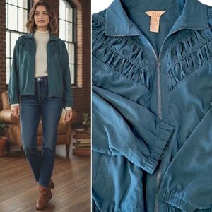 VTG 80s 90s Teddi Teal Ruched Detail Zip Up Bomber Jacket SZ Large
